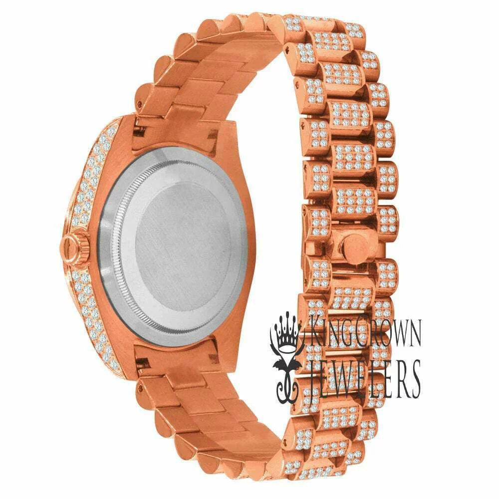 18K Rose Watch New Roman Steel 40mm Day–Date – Full Bezel Release Simulated Gold Tone Face Diamond Mens Solitaire