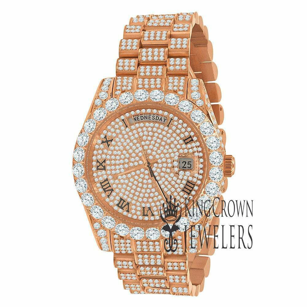 18K Rose Watch New Roman Steel 40mm Day–Date – Full Bezel Release Simulated Gold Tone Face Diamond Mens Solitaire