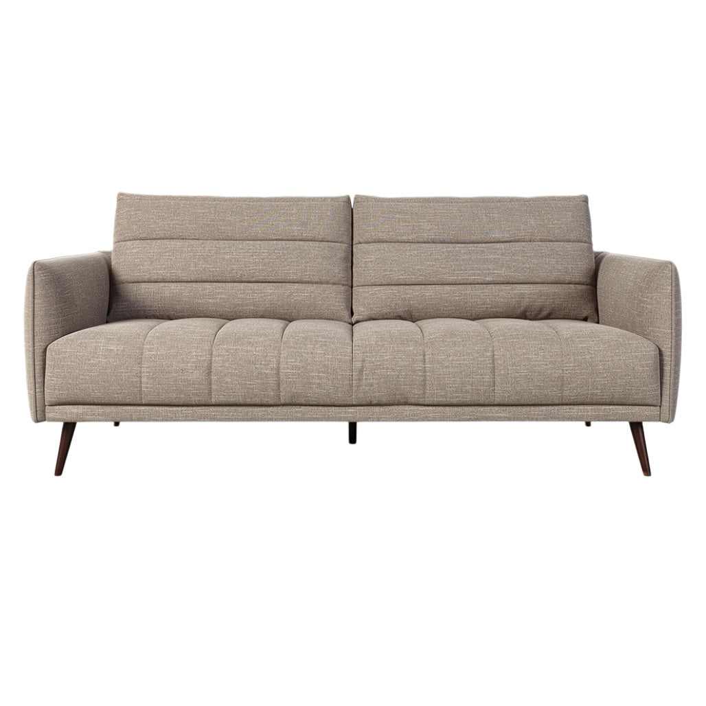 Sofa z tkaniny w kolorze beżowym, nowoczesny design, trzyosobowy.