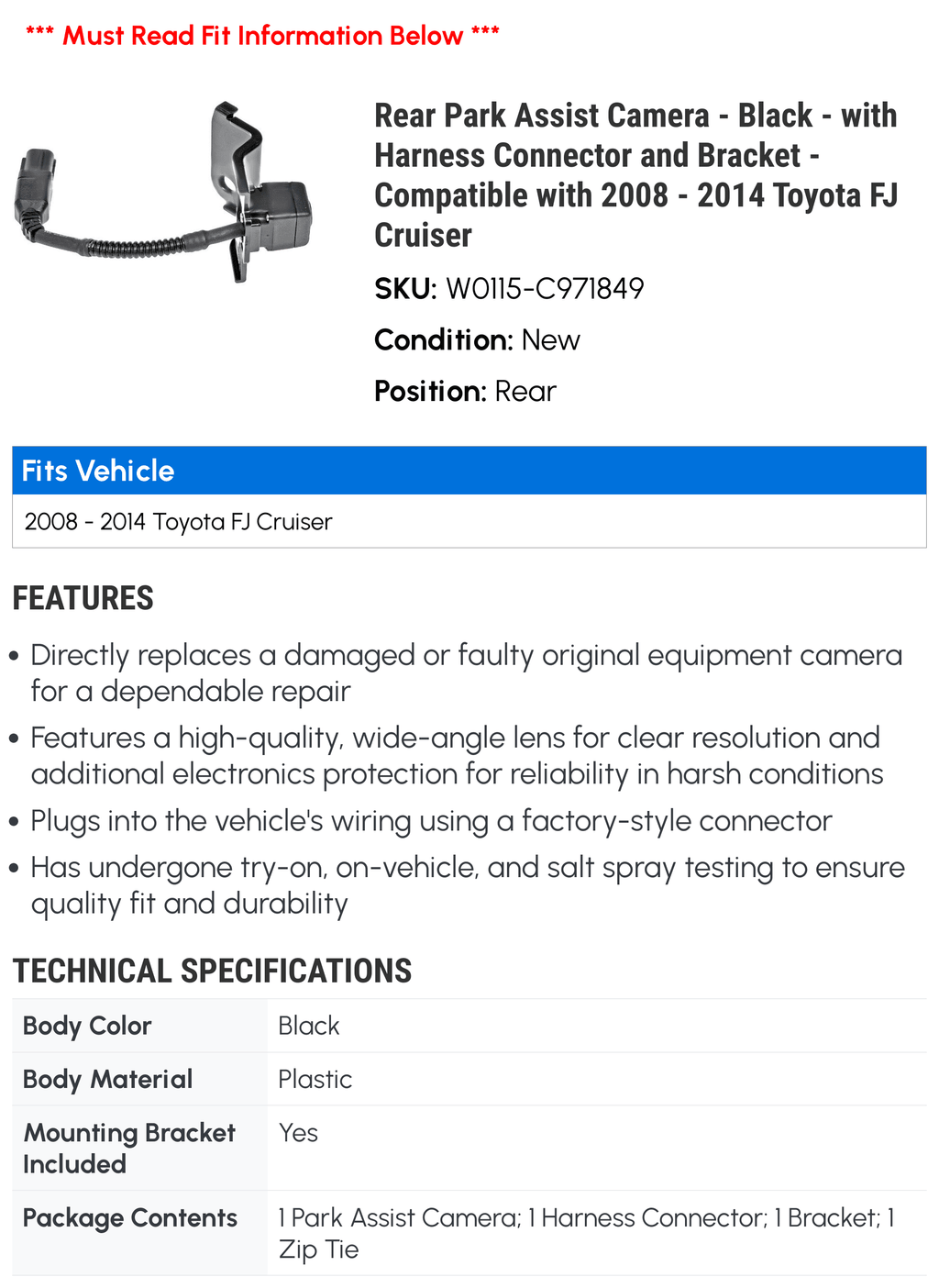 2008 – Park Connector with 2013 2011 Camera 2010 with Rear and FJ Cruiser Bracket – 2014 Toyota – Compatible 2012 Black Assist Harness 2009 –