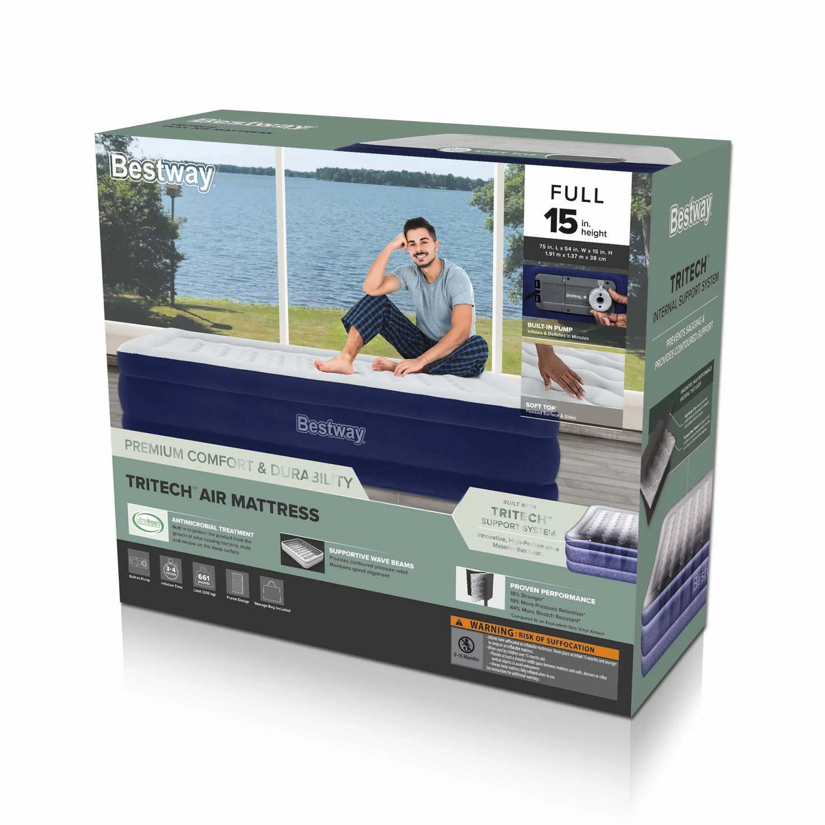 15" New Pump, Air Mattress Release Built–in AC Tritech Coating with Bestway Antimicrobial Full – - Special Edition