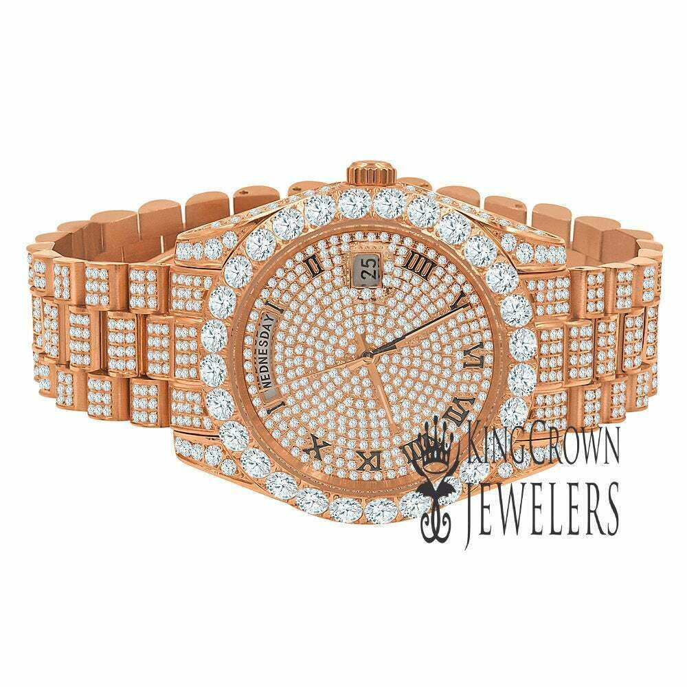 18K Rose Watch New Roman Steel 40mm Day–Date – Full Bezel Release Simulated Gold Tone Face Diamond Mens Solitaire
