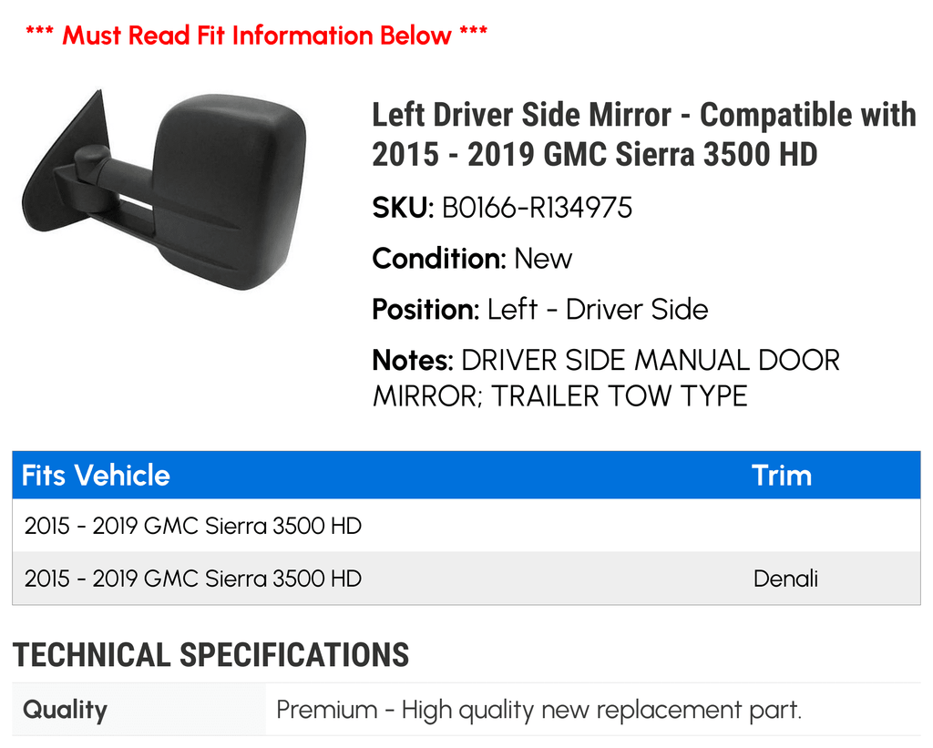 2016 GMC Driver – Left Mirror 3500 2019 Compatible – 2015 Side 2018 Sierra with 2017 HD - Special Edition