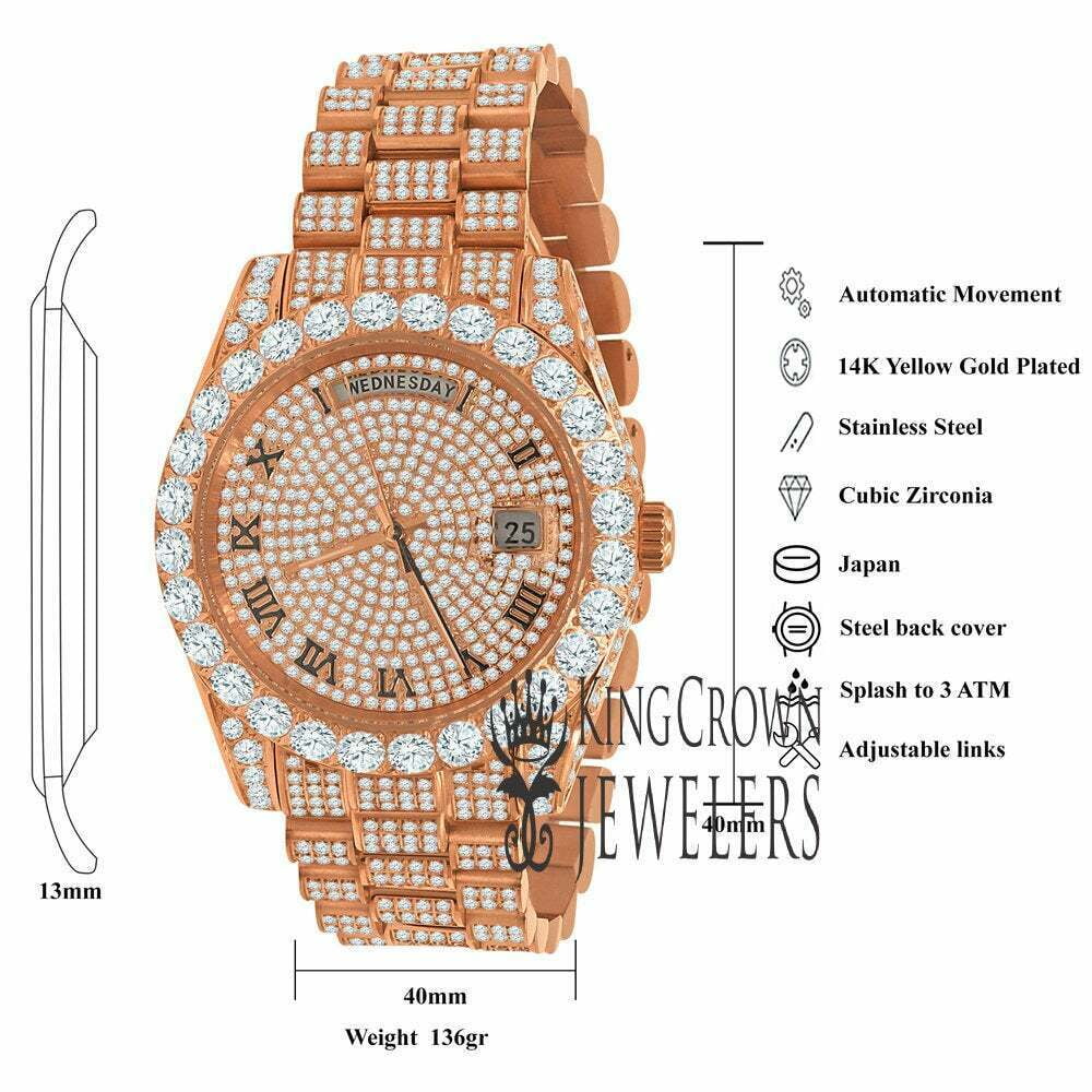 18K Rose Watch New Roman Steel 40mm Day–Date – Full Bezel Release Simulated Gold Tone Face Diamond Mens Solitaire