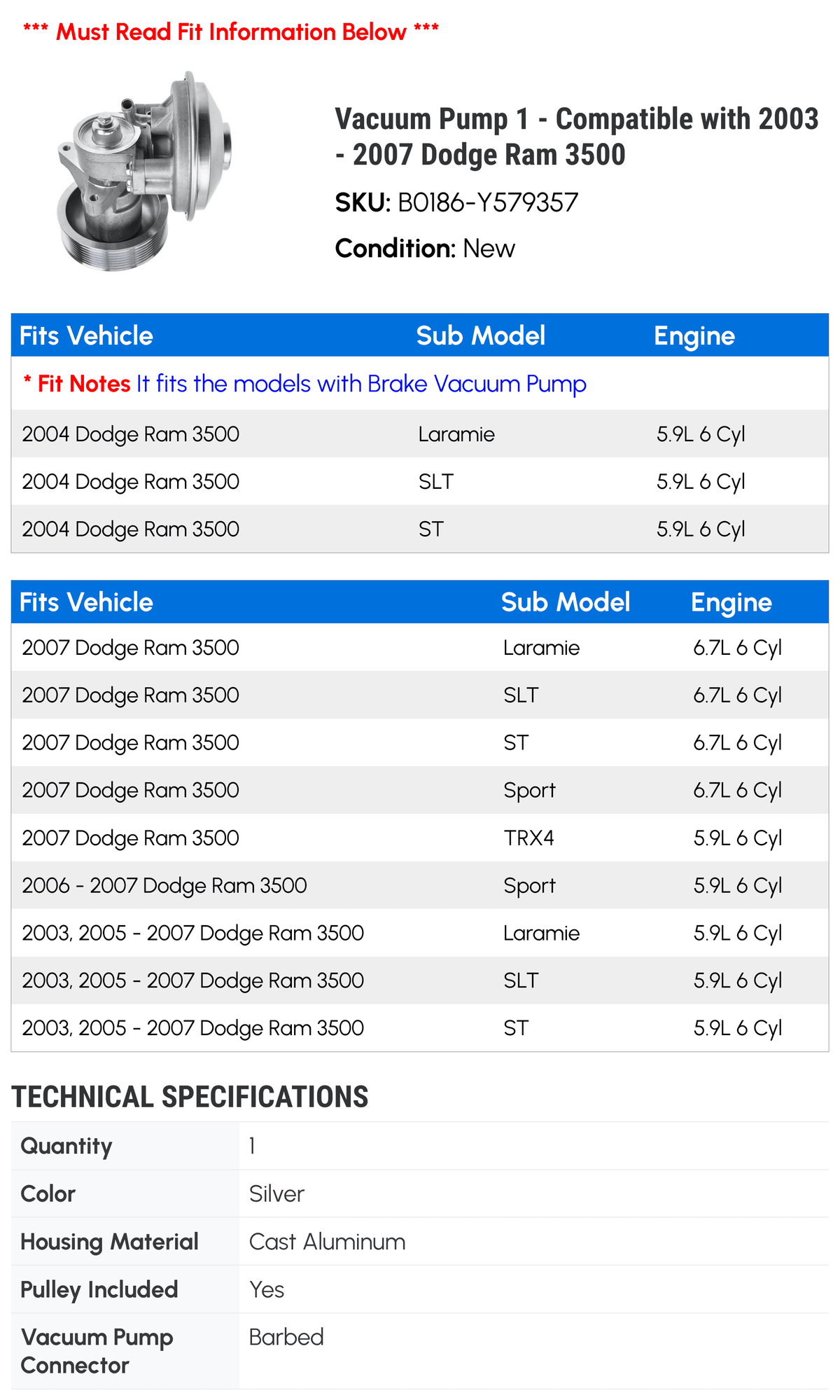 1 – Vacuum – Dodge 2003 Release 2005 New 2006 3500 2007 Compatible Pump – 2004 Ram with - Special Edition