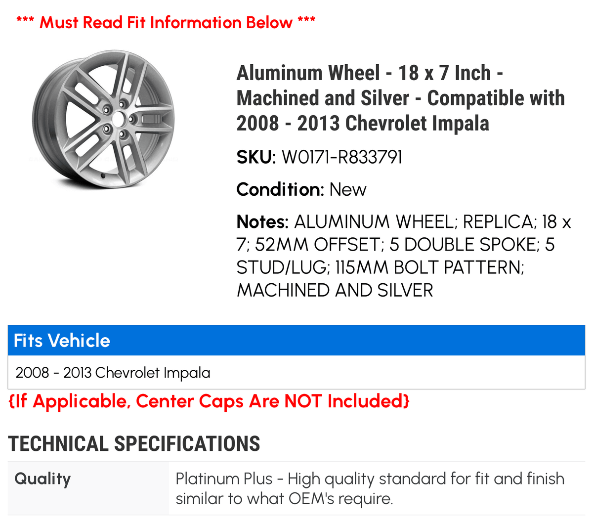 2013 and with 2012 2009 Compatible – 18 2011 Machined x Inch – Chevy – Impala Aluminum 2010 7 Silver 2008 Wheel –