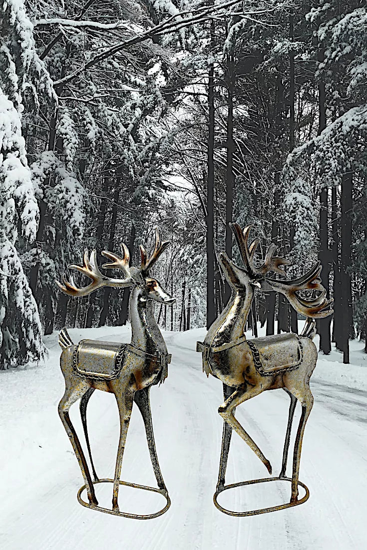 16" Home Glitter Room Champagne Holiday Statue S/2 Standing Tabletop – Figurines Fireplace Reindeer New 8" Decor Christmas Color Release Metal Office x - Special Edition