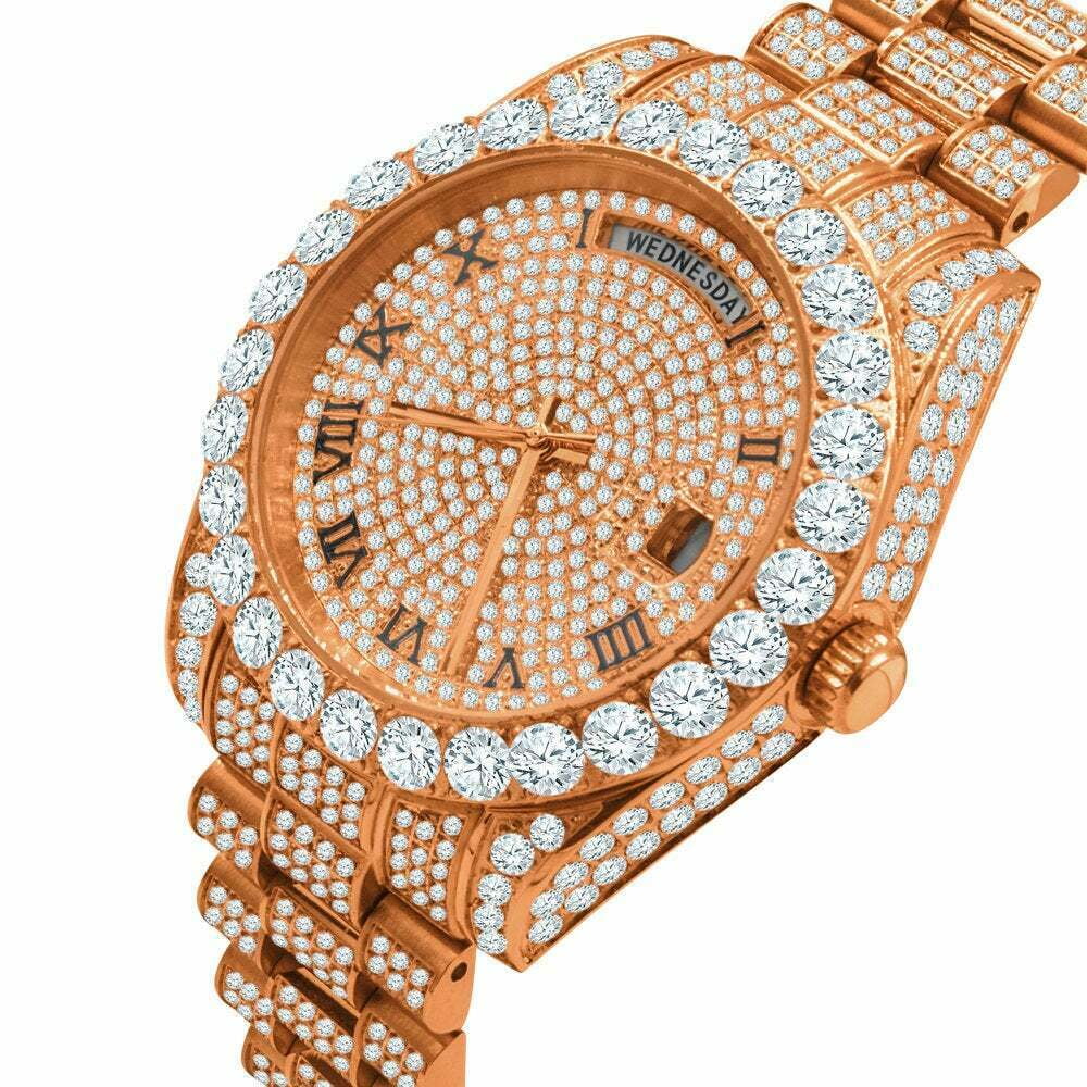 18K Rose Watch New Roman Steel 40mm Day–Date – Full Bezel Release Simulated Gold Tone Face Diamond Mens Solitaire