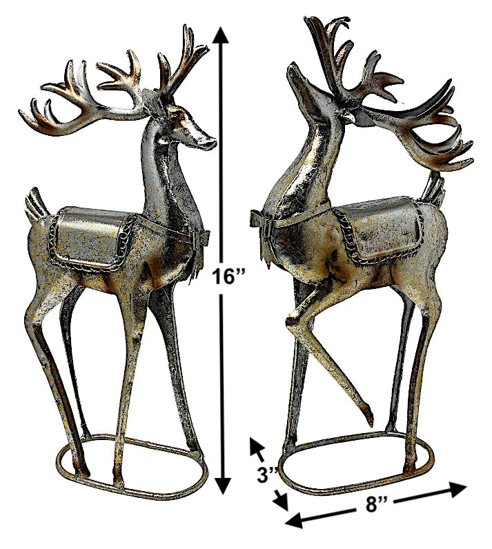 16" Home Glitter Room Champagne Holiday Statue S/2 Standing Tabletop – Figurines Fireplace Reindeer New 8" Decor Christmas Color Release Metal Office x - Special Edition