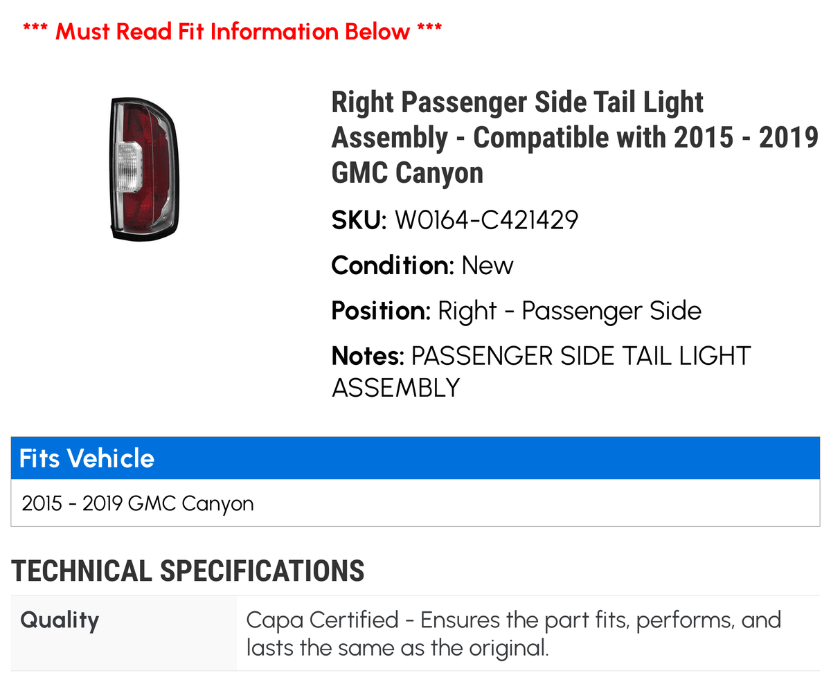 2019 2016 – New 2017 2021 GMC Light – Passenger Compatible – Assembly Right Side Release Canyon 2018 Tail 2015 with