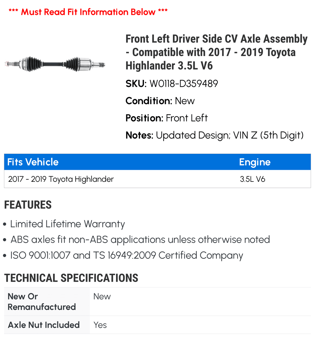 2019 Front Assembly CV 2017 V6 – Side – Compatible 3.5L Highlander 2018 Axle Driver Toyota Left with