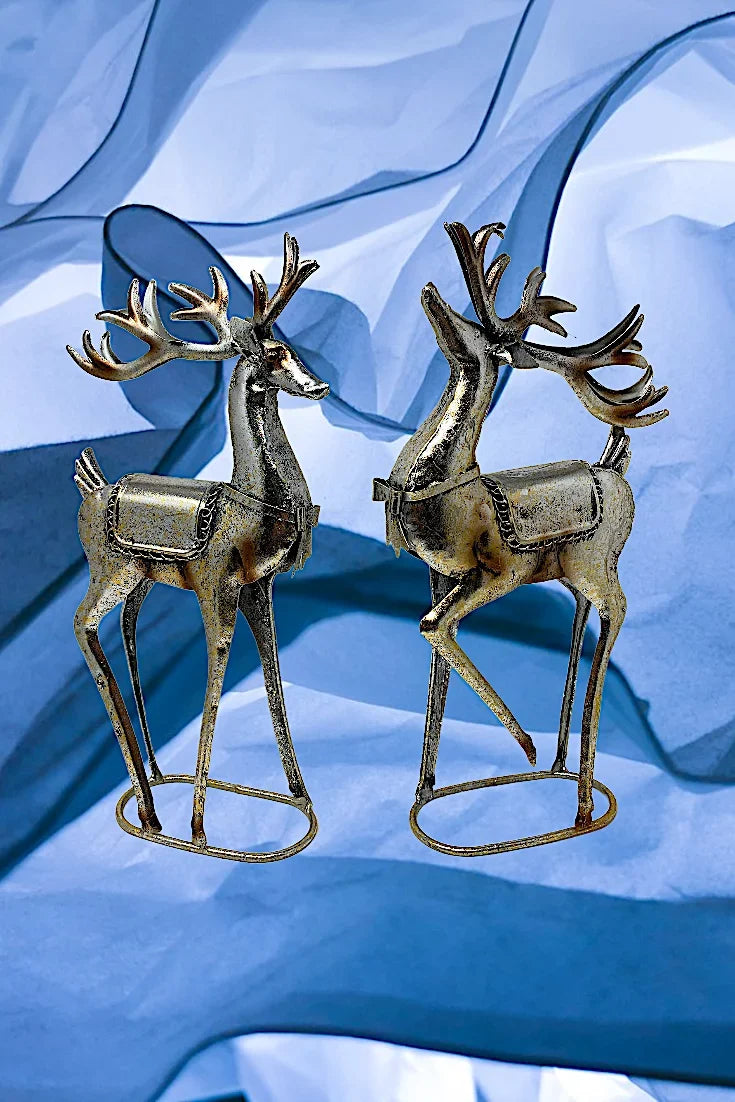 16" Home Glitter Room Champagne Holiday Statue S/2 Standing Tabletop – Figurines Fireplace Reindeer New 8" Decor Christmas Color Release Metal Office x - Special Edition