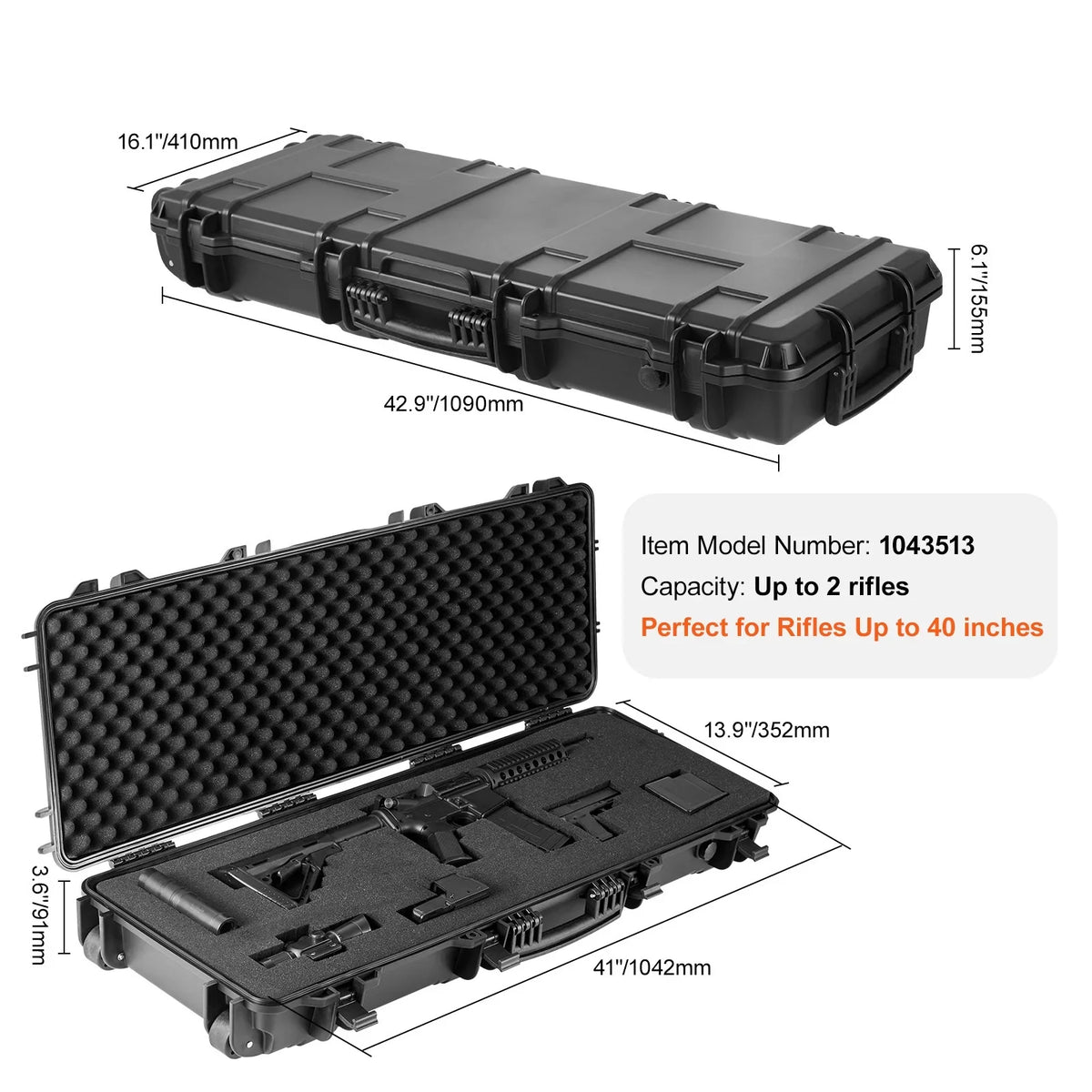 & Crushproof, with SKYSHALO Case Case, 3 Airsoft Gun Release Gun New or Foams, for – inch Waterproof Rifles IP67 42 Fully–protective Rifle Wheels, lockable with Rifle Hard Two Layers Case Hard Shotguns, - Special Edition