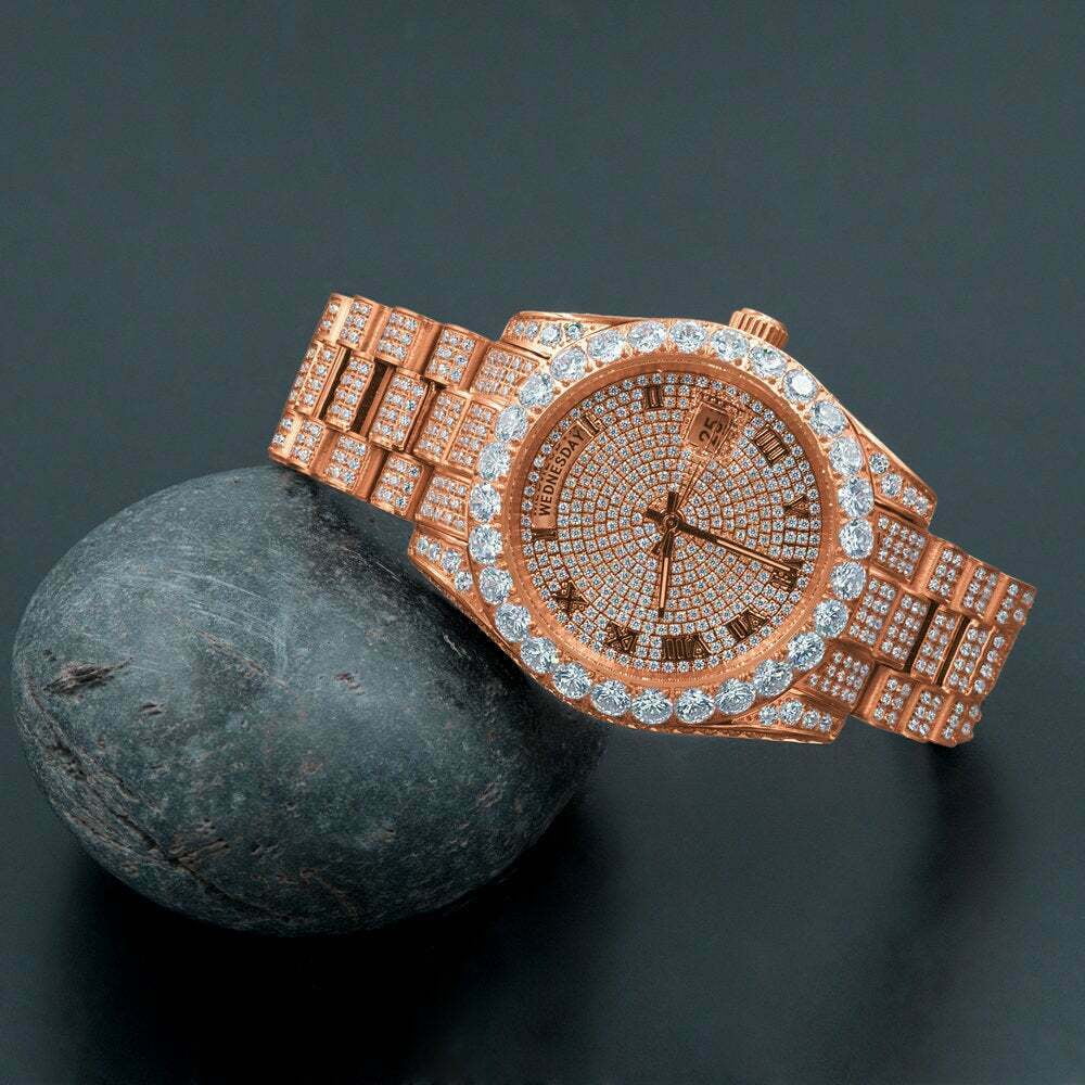 18K Rose Watch New Roman Steel 40mm Day–Date – Full Bezel Release Simulated Gold Tone Face Diamond Mens Solitaire